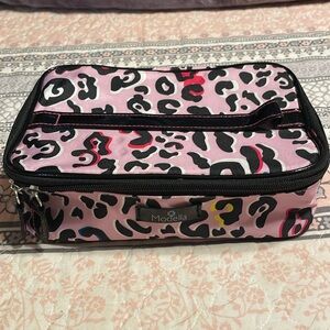 Modella pink leopard print makeup organizer bag, has a handle on top & zipper